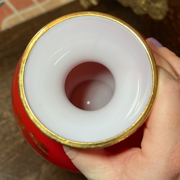 Vintage Asian oriental orange red cased glass with peacock vase - Picture 9 of 11
